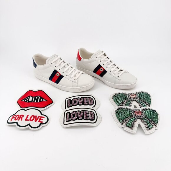 Gucci Ace Patch Remix White Leather Sneakers Size 37 US 7 Women Crystal Bow Love - Picture 1 of 15